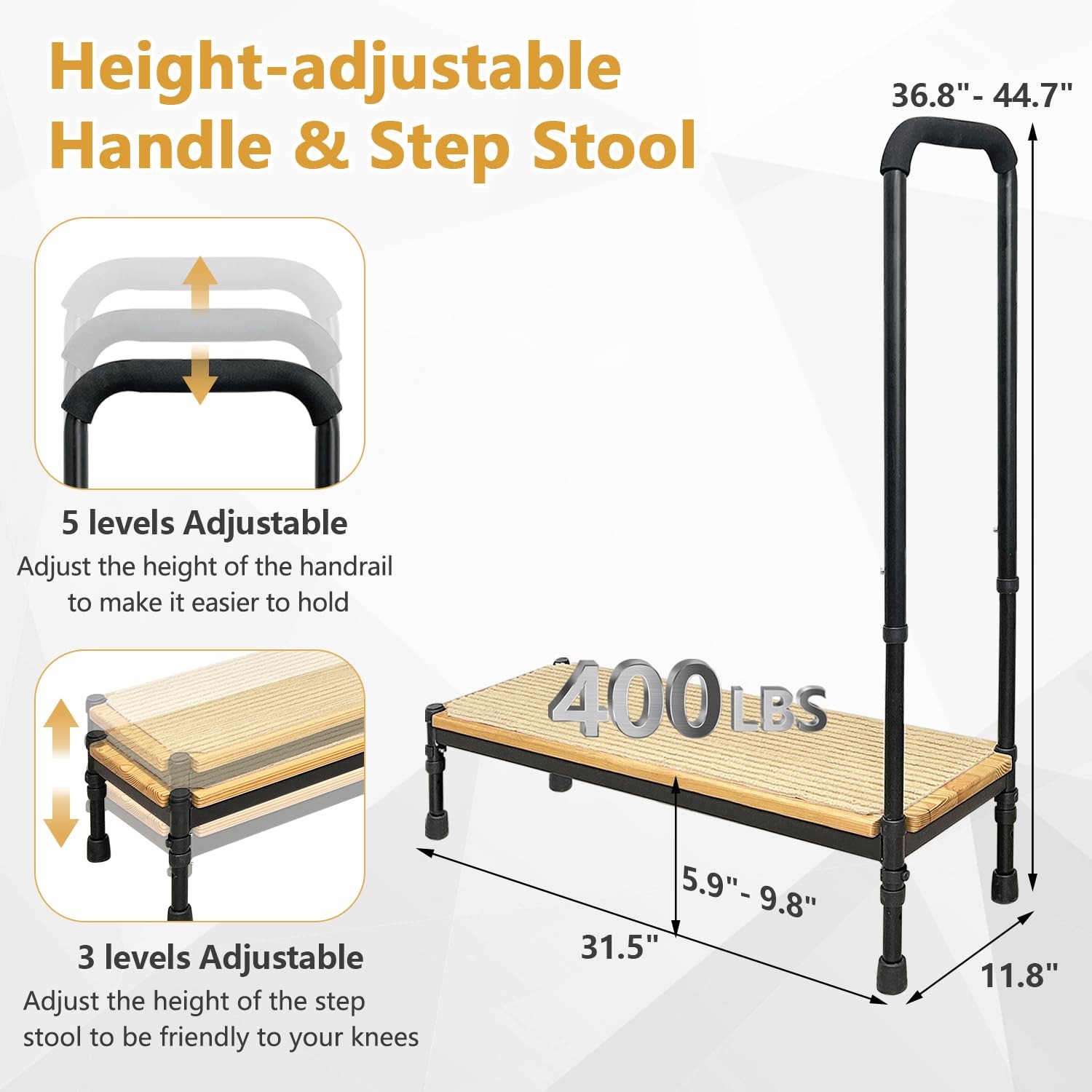 Bed Step Stool with Adjustable Handle for Elderly, Medical Step Stool for Bed...