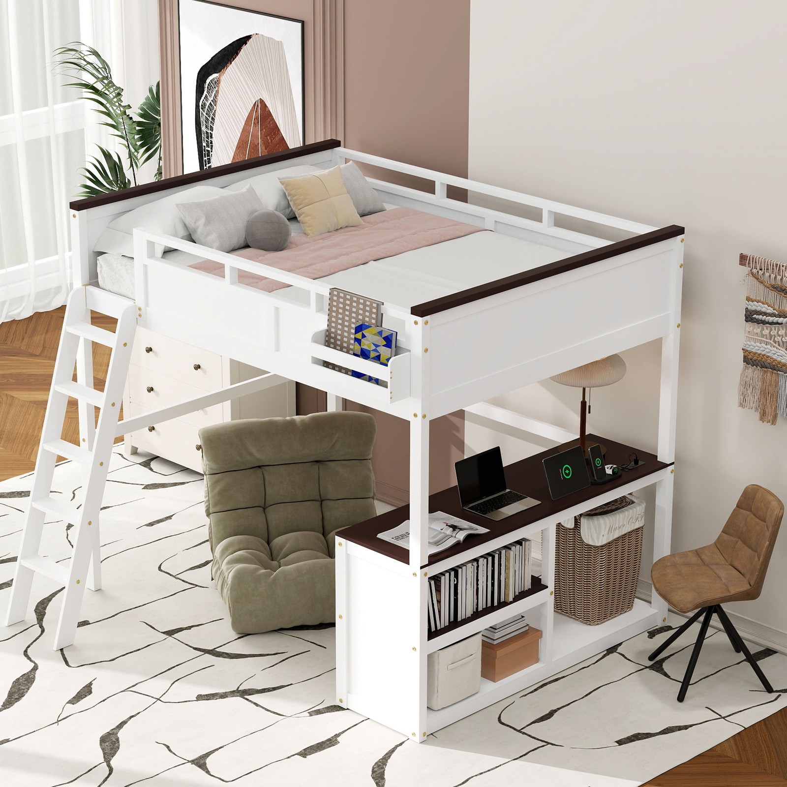 Queen Size Loft Bed with Desk Ladder Storage Shelf Solid Wood Bedroom Bed Frame