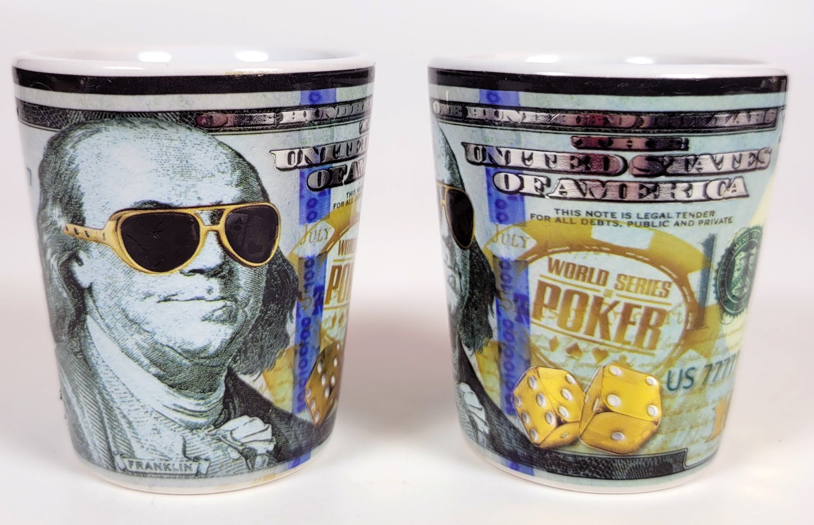2 WSOP Poker Shot Glass ~ $100 Ben Franklin in Sunglasses World Series of Poker