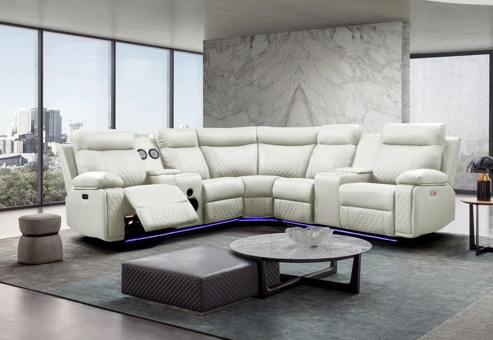 Dona Leather Modern L Shaped Sectional Sofa With LED Lighting Couch White