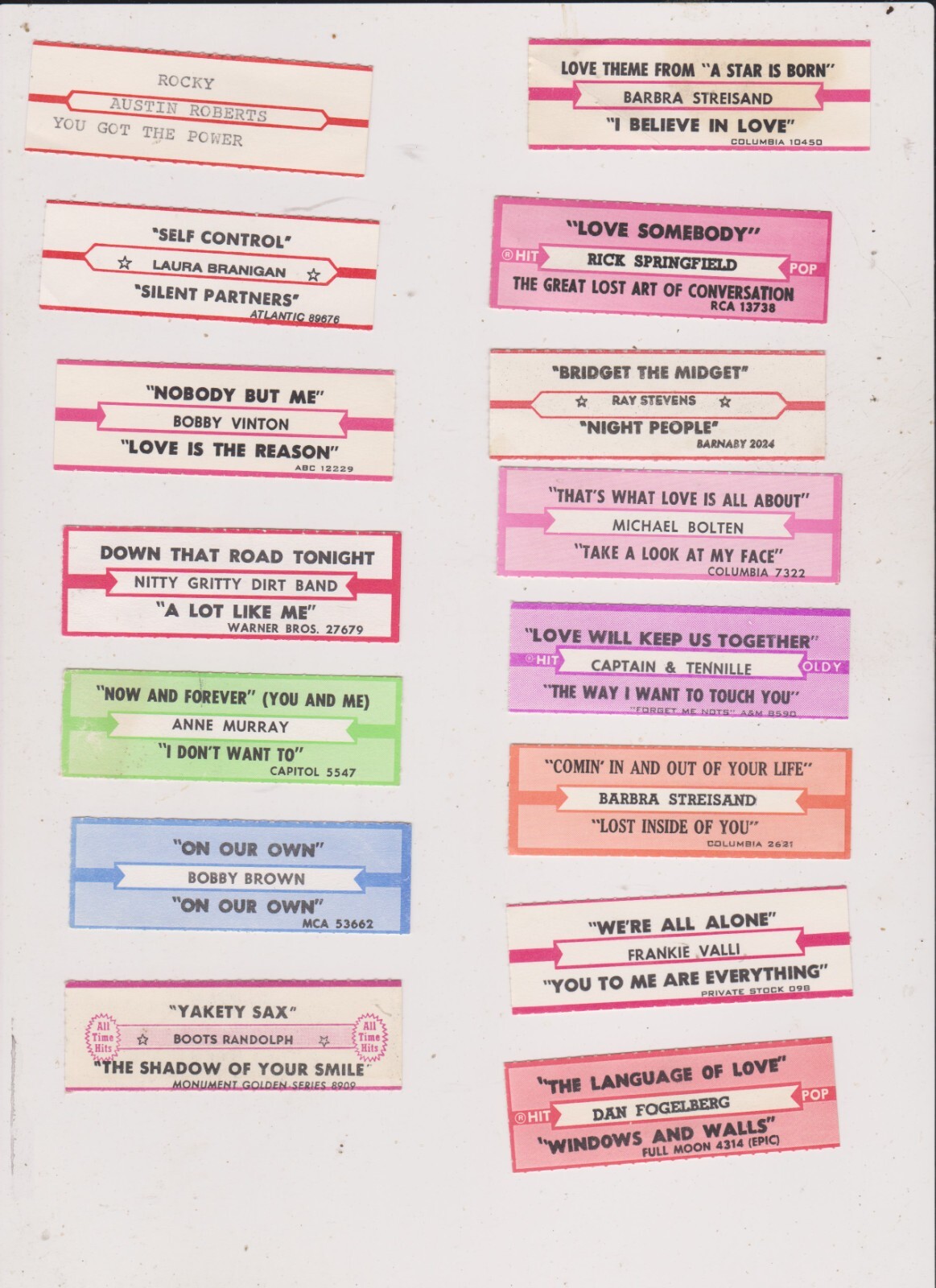 15 ROCK JUKEBOX TITLE STRIPS LOT 7.FREE SHIPPING IN U S