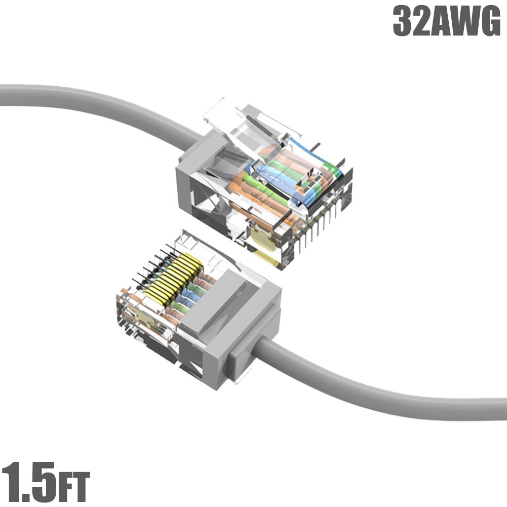 1.5FT Cat6A RJ45 Network LAN Ethernet UTP Patch Cable Super Slim Cord 32AWG Gray