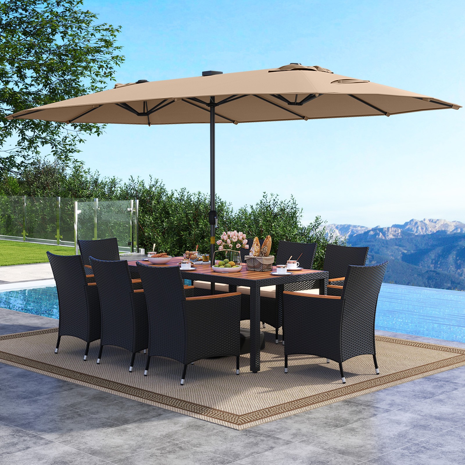11 PCS Patio Dining Set with 15ft Double-Sided Patio Umbrella (Base Included)