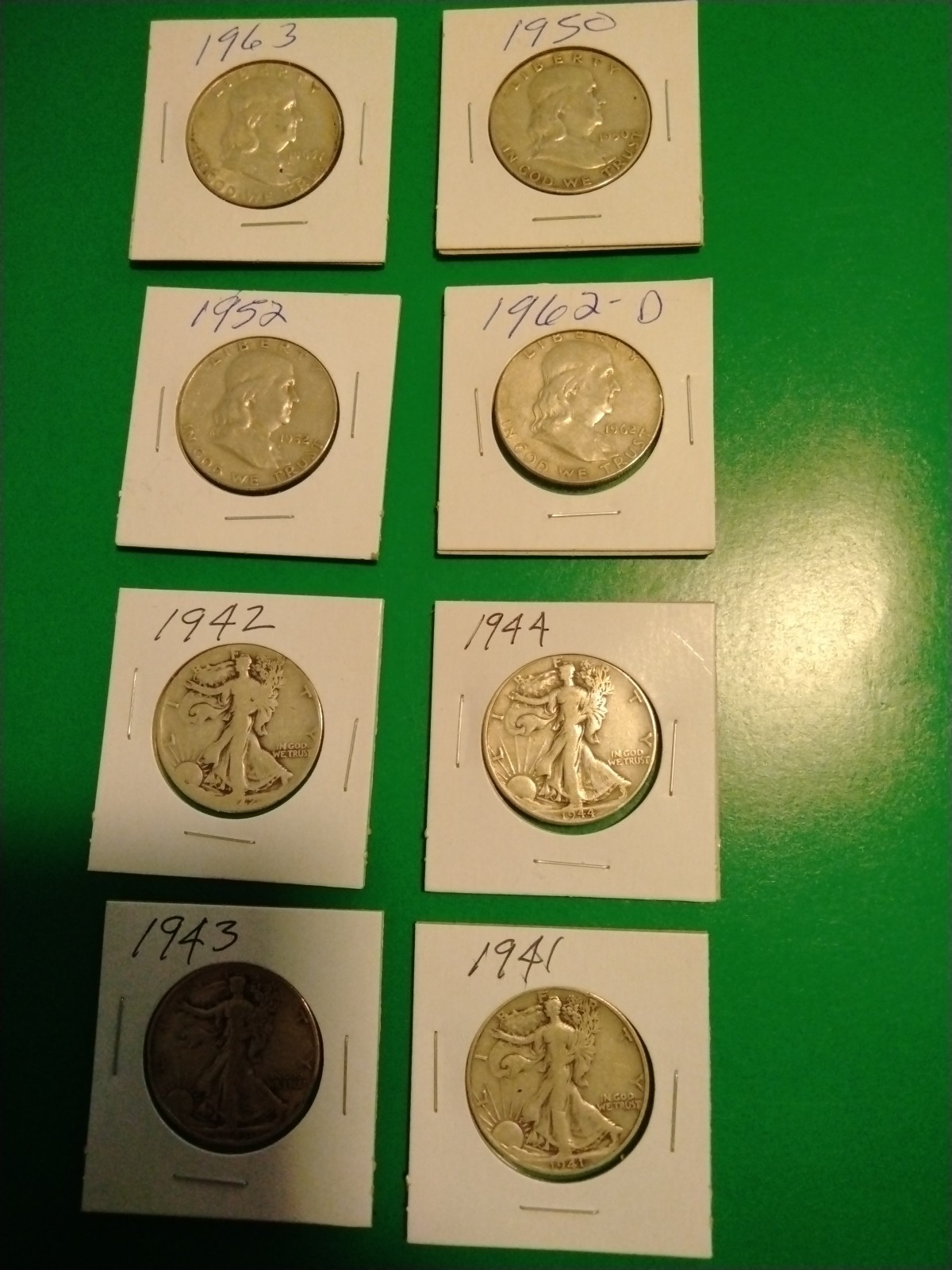 4 Franklin Half, 4 Walking Liberty Half. 90 % Silver