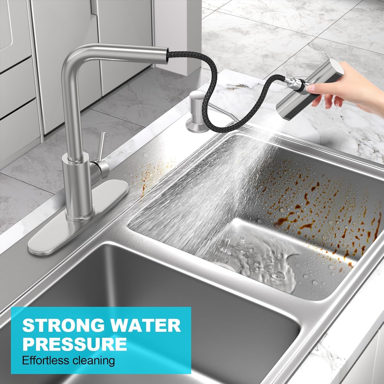 Brushed Nickel Kitchen Faucets with Pull down Sprayer & Soap Dispenser