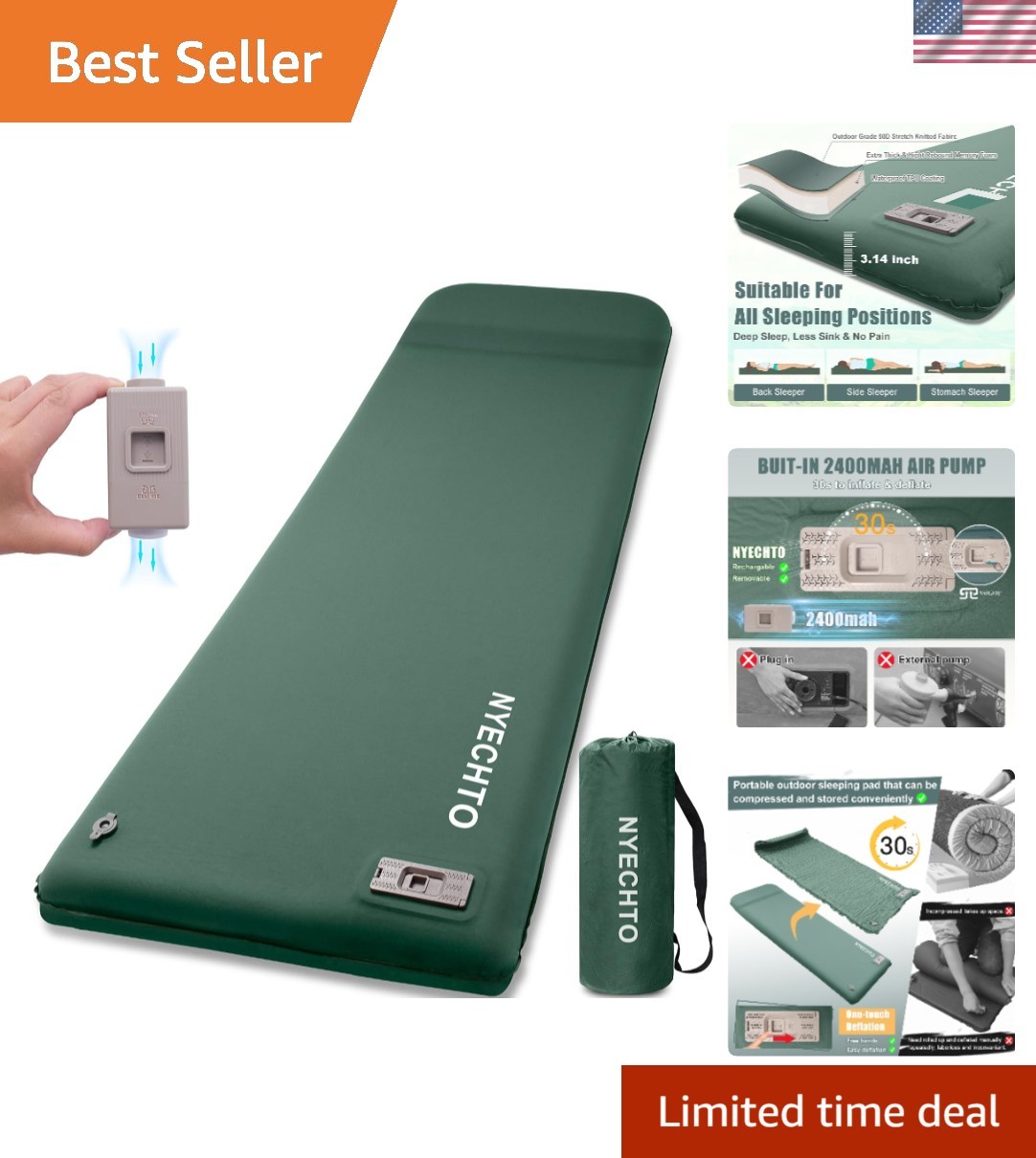 Self Inflating Sleeping Pad with Electric Pump, 3.14" Ultra-Thick Memory Foam...