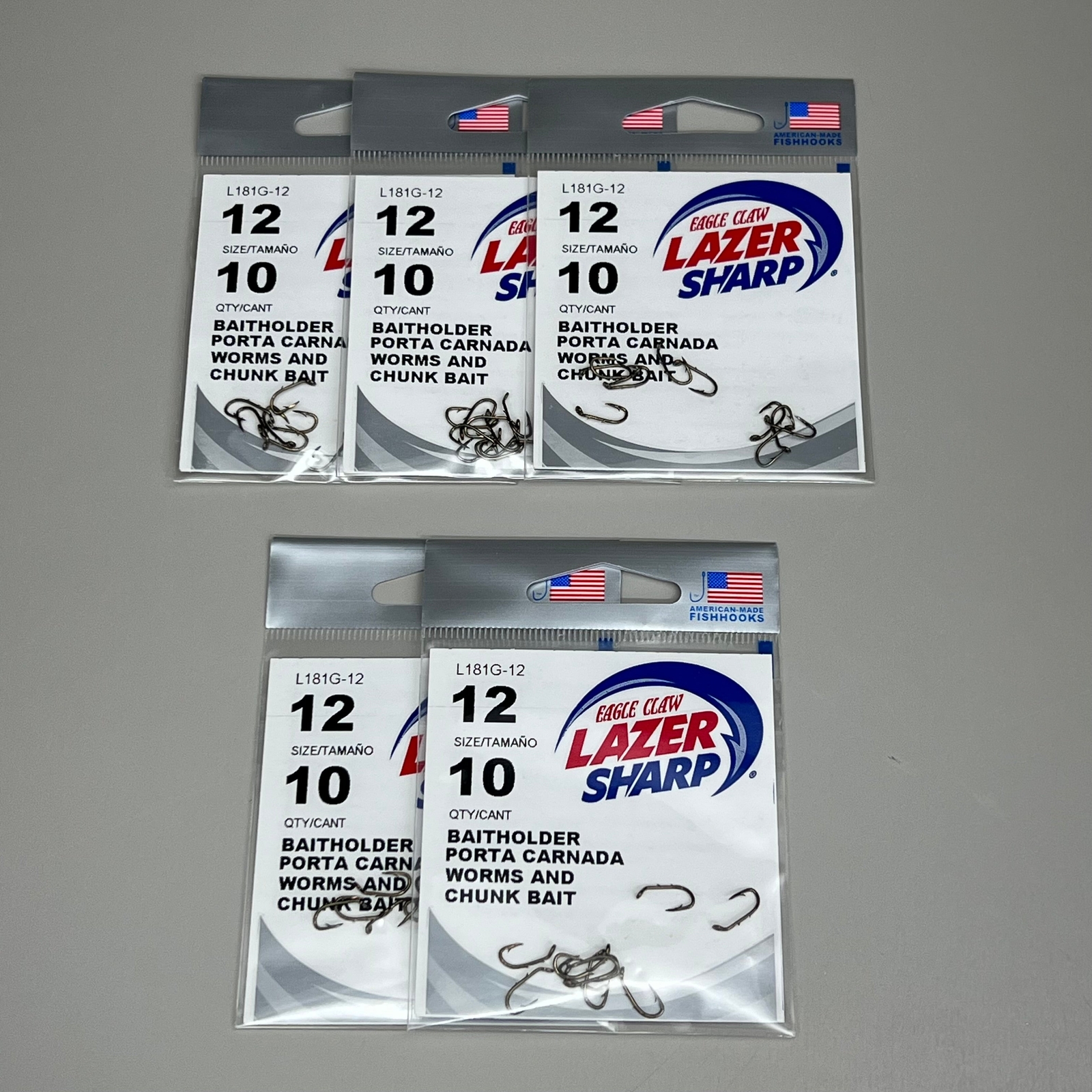 EAGLE CLAW (5 PACK) Lazer Sharp Down eye Baitholder Hook Bronze #12 10pc L181G-1
