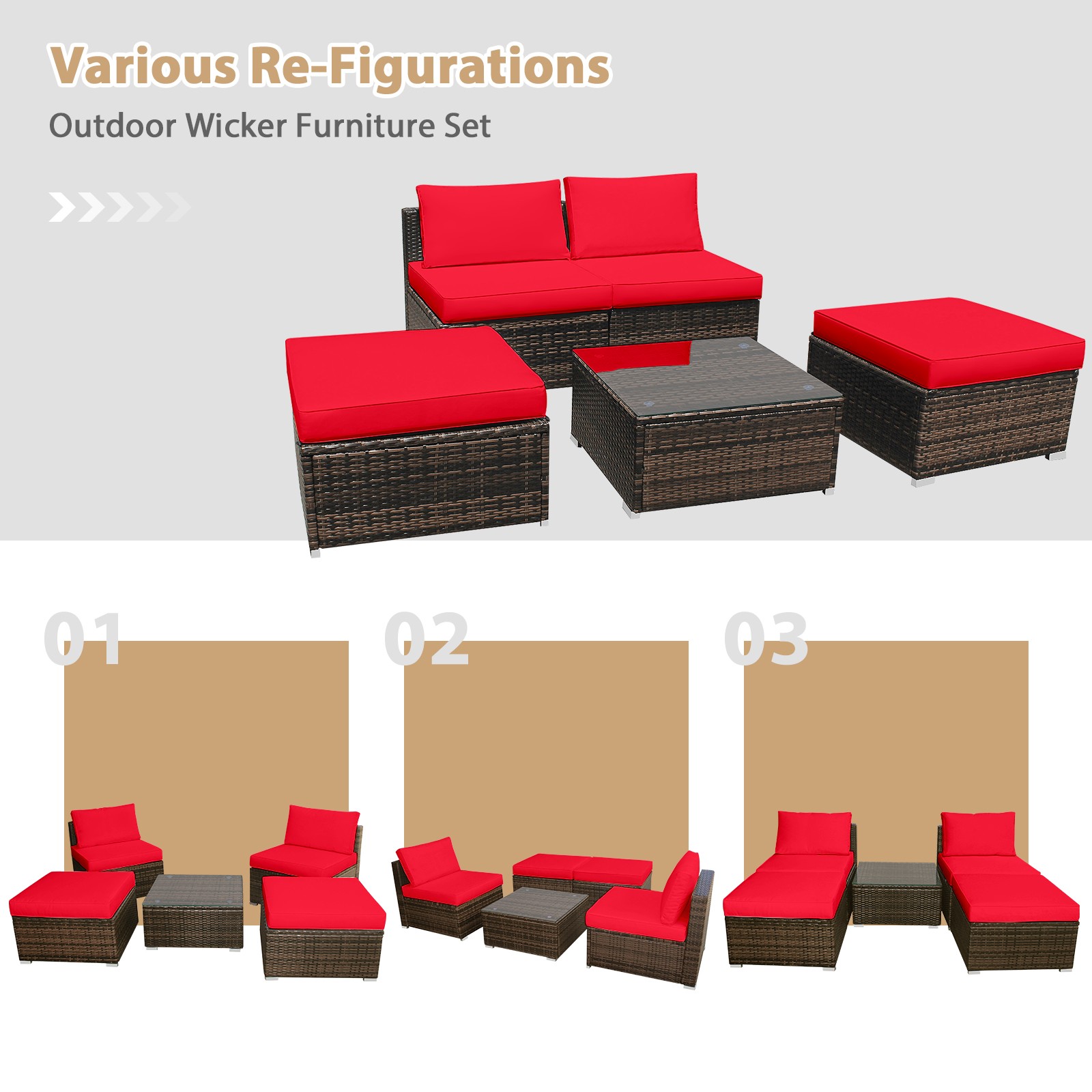 Topbuy 5 PCS Outdoor Rattan Wicker Sofa Set Lounge Chair W/ Red Cushions