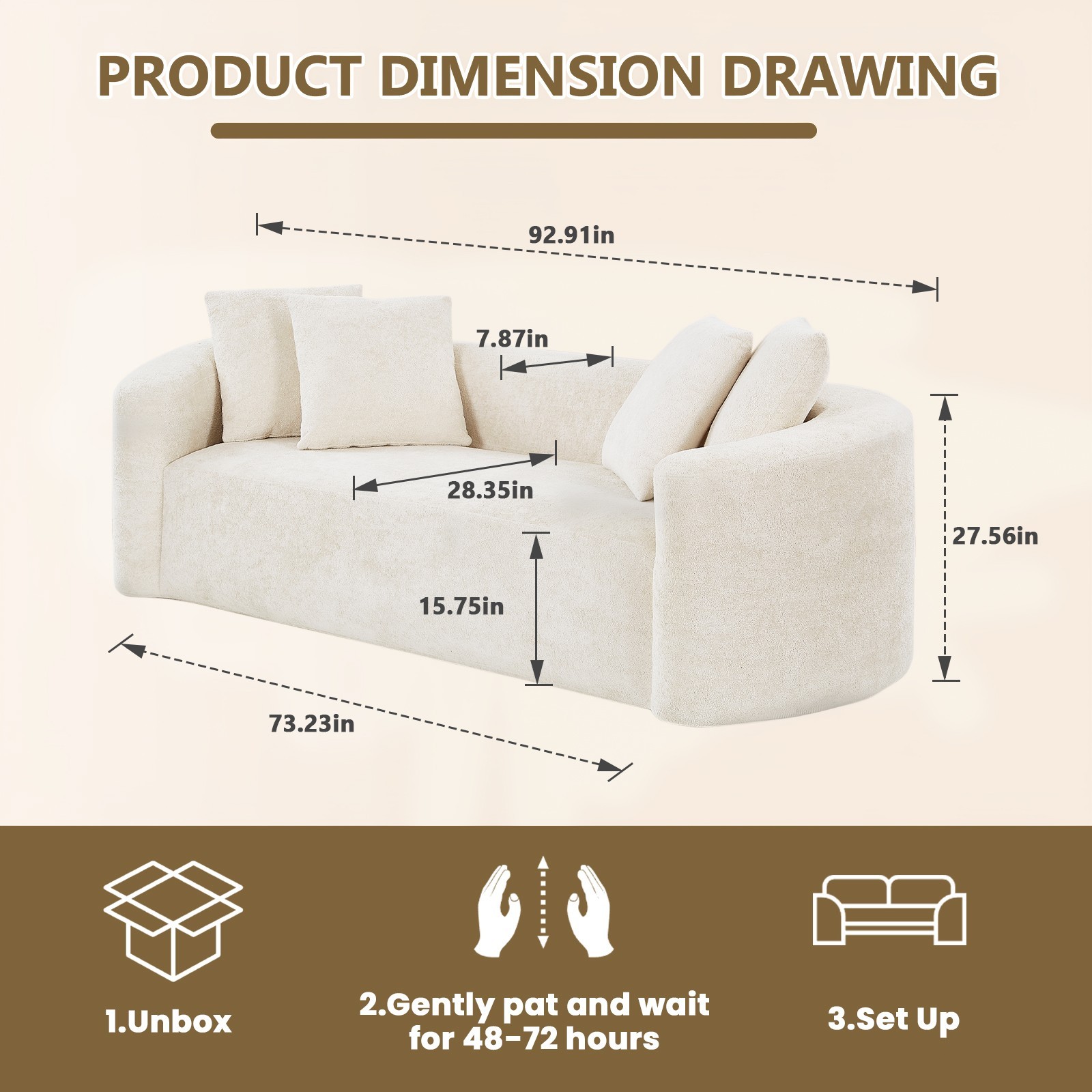 93" Curved Cloud Couch Deep Seat Sofa No Assembly Pillows, 4-Seat