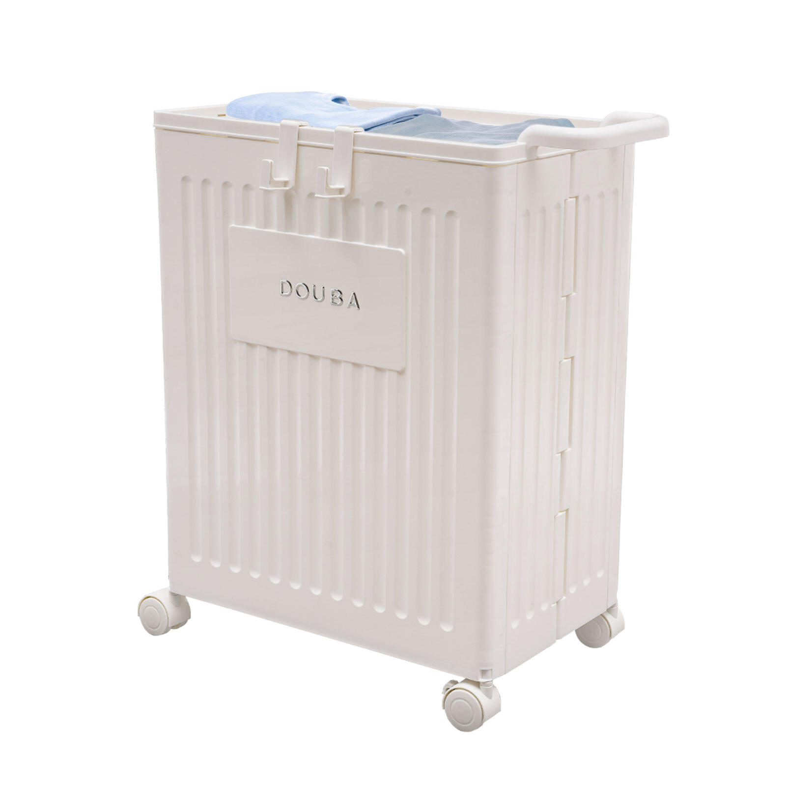 White Foldable Storage Box with Lid 4 Universal Wheels Hooks PP