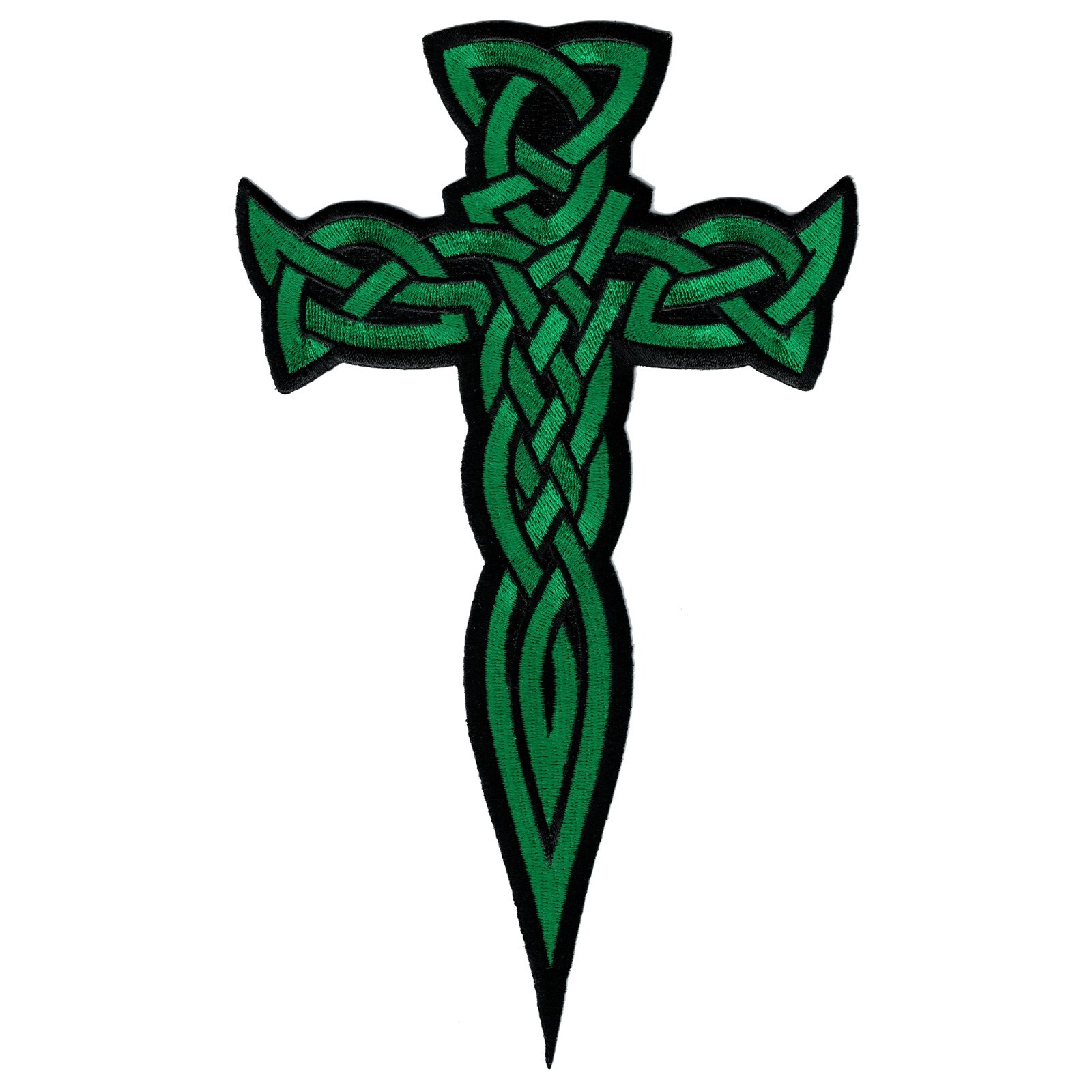 LARGE CELTIC CROSS DAGGER iron-on PATCH embroidered IRISH RELIGIOUS GREEN EMBLEM