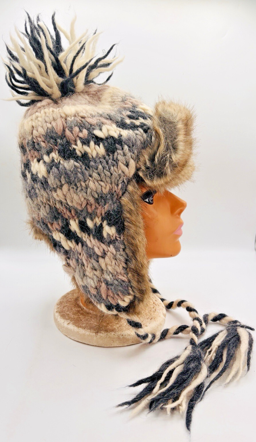 American Eagle Outfitters Trapper Hat Faux Fur Trim Fleece Cap Wool Knit Y2K VTG