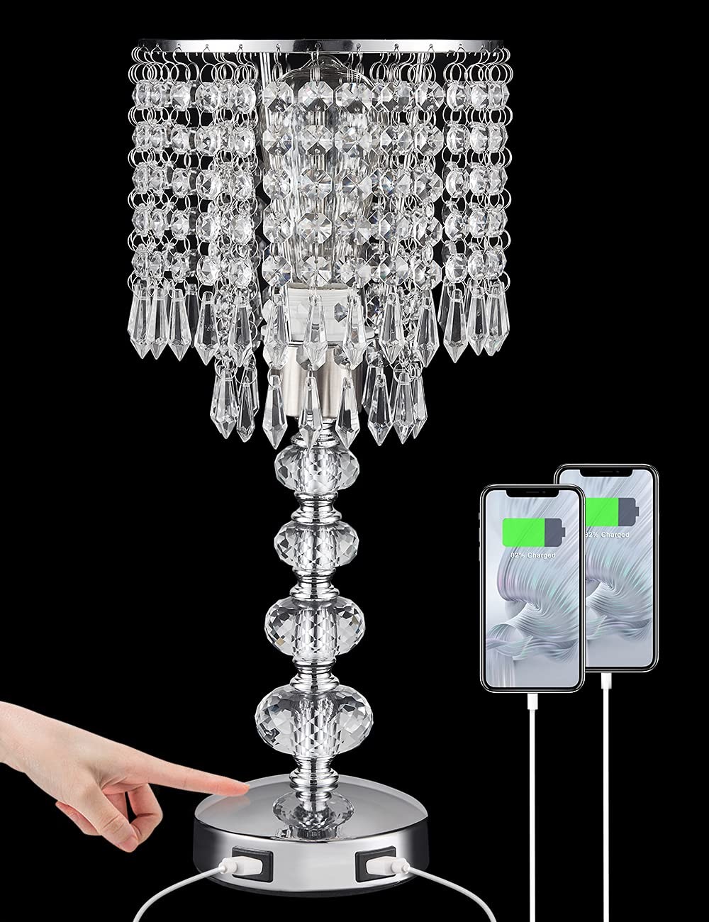 Crystal Table Lamps for Bedroom Nightstand - Touch Bedside Lamps with USB Cha...
