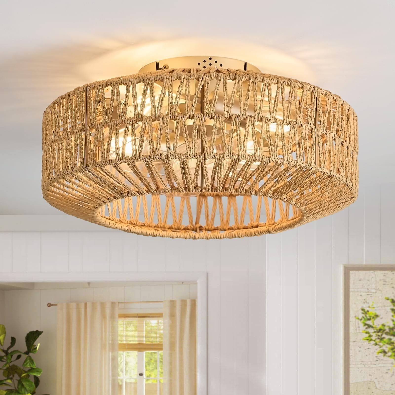 WONGU Boho Ceiling Fan Light And Remote,Rattan Fandelier Ceiling Fan Light