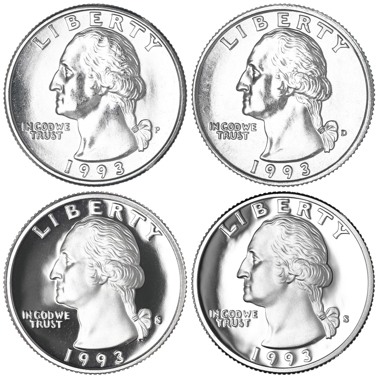 1993 P D S Washington Quarters Silver & C-N Clad Proof & BU 4 Coin Year Set