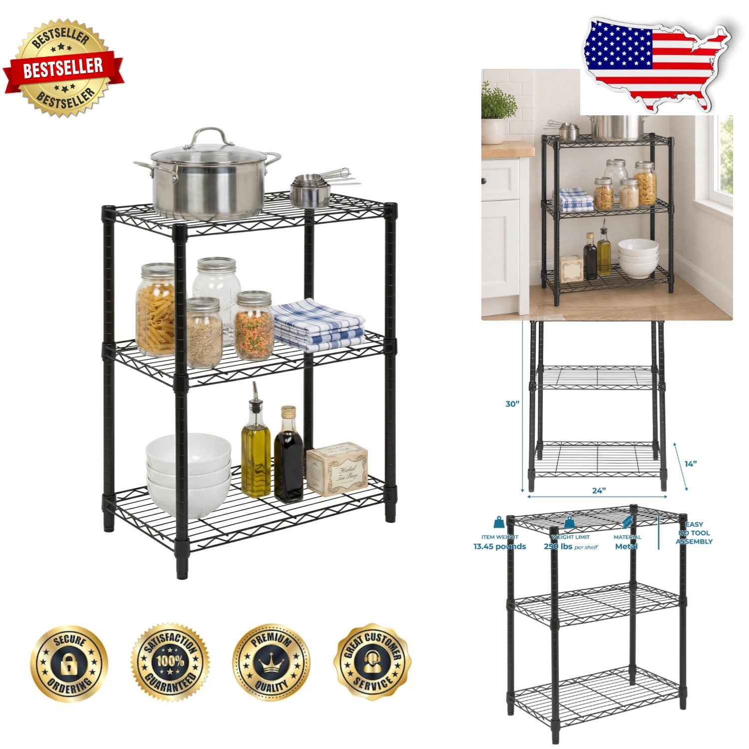 NSF Certified 3-Tier Metal Shelf, Heavy Duty 250lb Adjustable Storage Rack Black