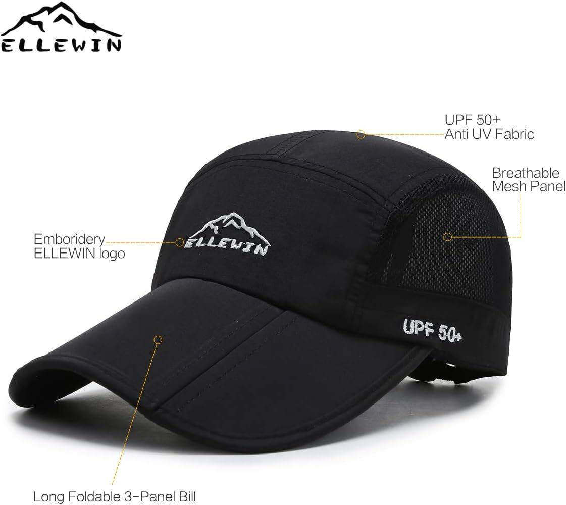 ELLEWIN Unisex Baseball Cap UPF 50 Unstructured Hat with Foldable Black-l