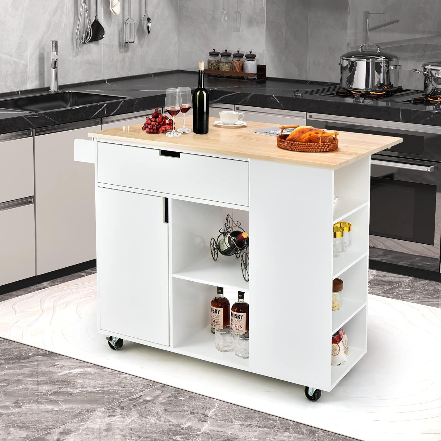 White Kitchen Island Cart with Drop-Leaf, Shelves & Rolling Wheels
