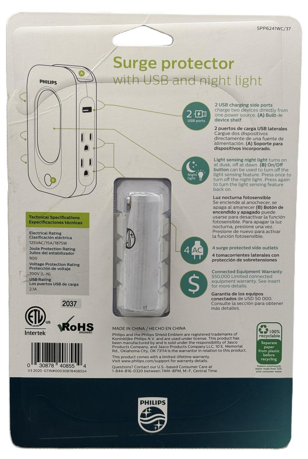 Philips 4-Outlet Surge Protector 2 USB, Night Light Wall Adapter White SPP6241WC