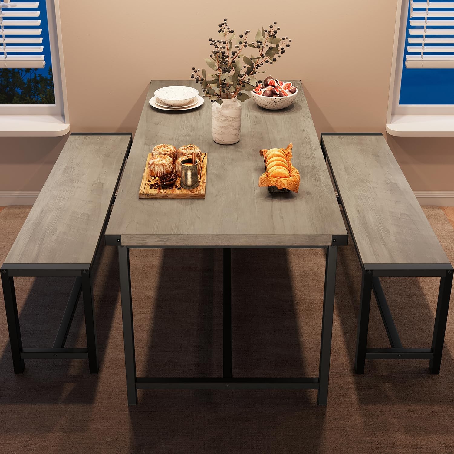 Kitchen Dining Table Set for 4 People Dinner Table with 2 Bench for Dining Room