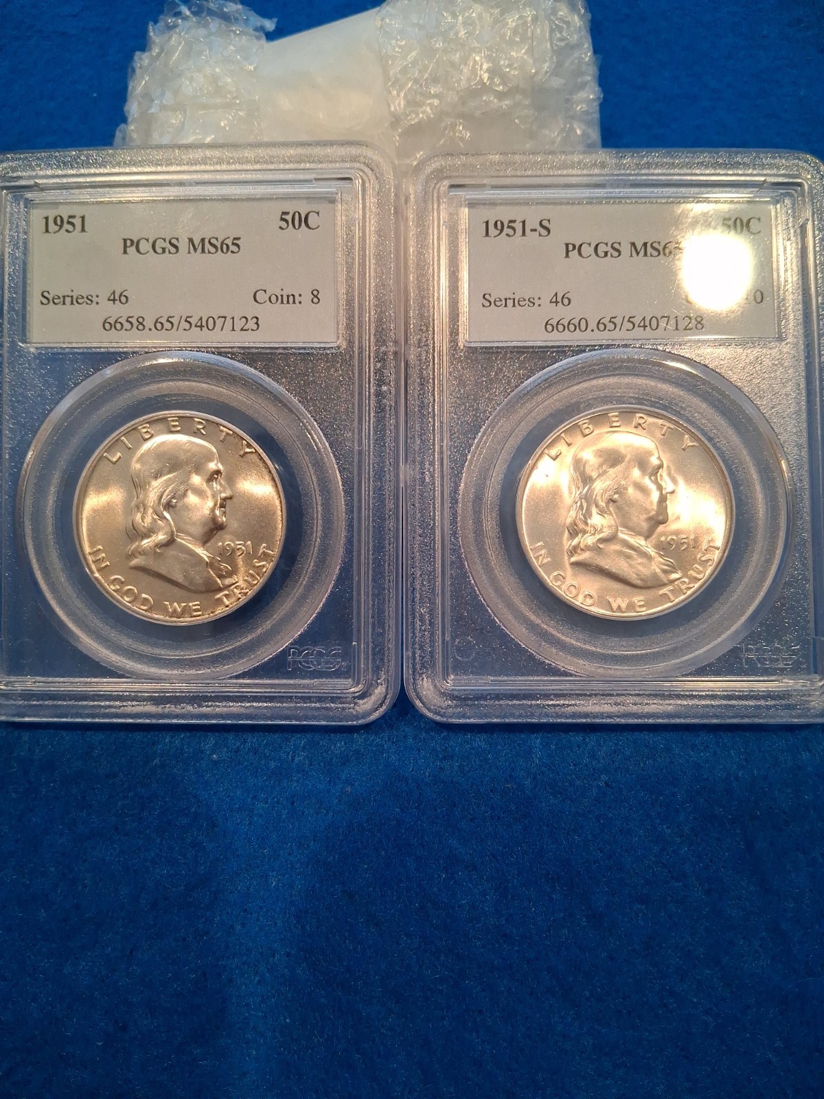 Lot of Two PCGS MS65 Franklin Half Dollars: 1951 (#5407123)  & 1951-S (#5407128)