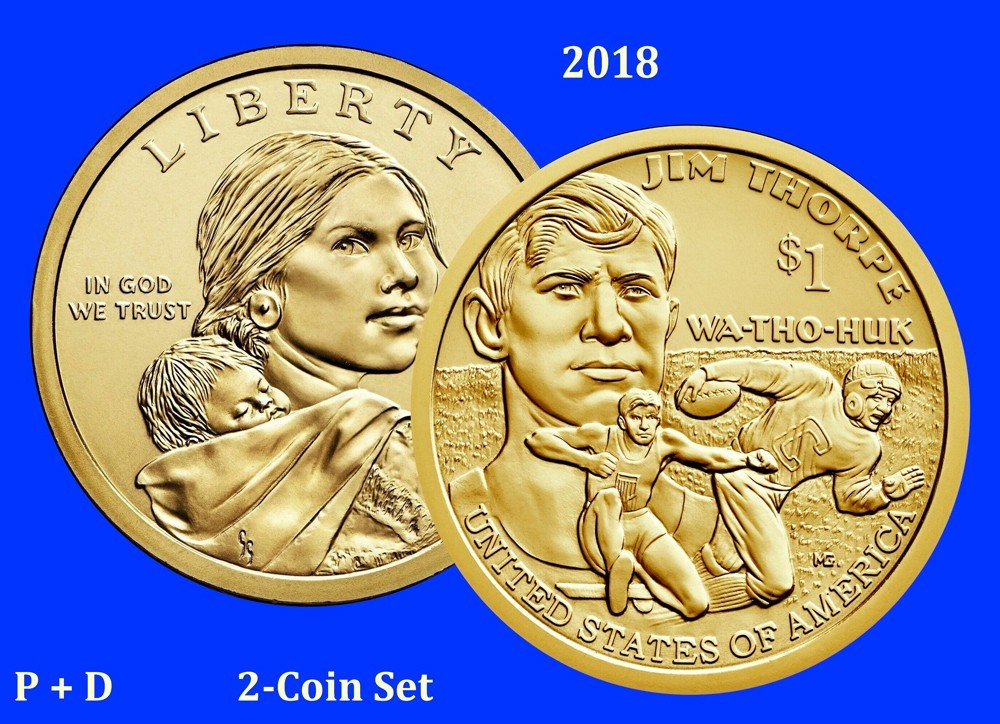 2018-P + D JIM THORPE Sacagawea / Native American Golden Dollar  "BU" 2-Coin Set