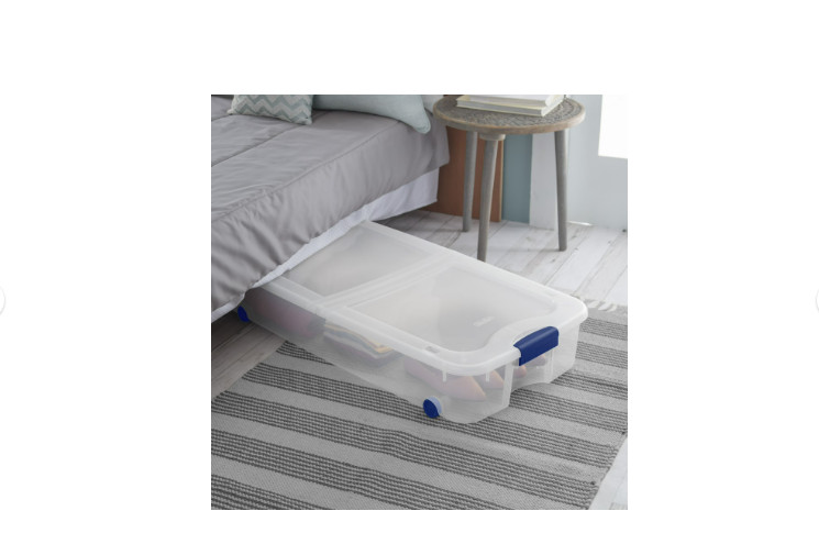 66 Qt Clear Underbed Storage Bin with Lid & Wheels Blue Rolling Box