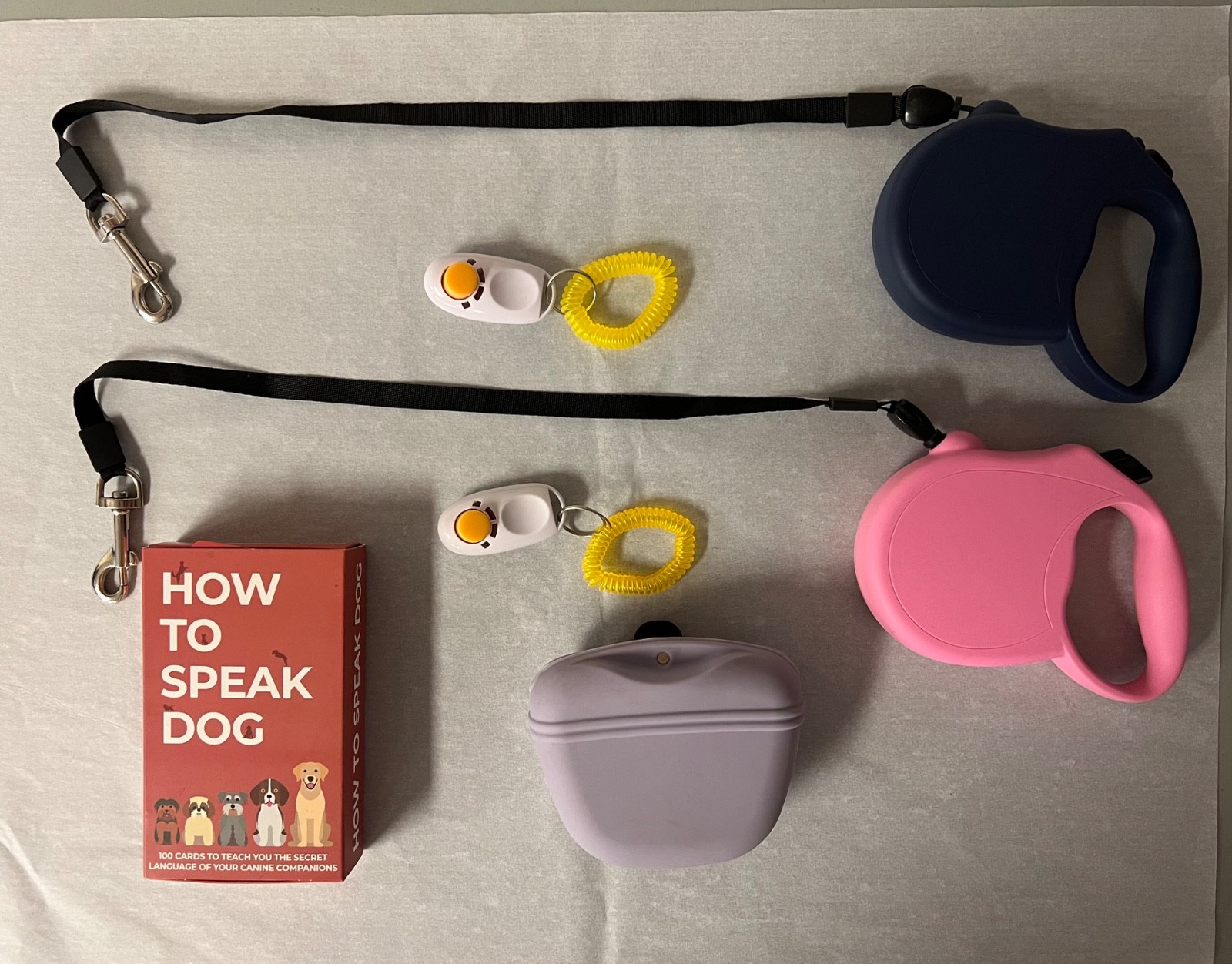 DOG Obedienece Kit Leases Clickers Clip on Snack Pouch "How to Speak Dog" Cards