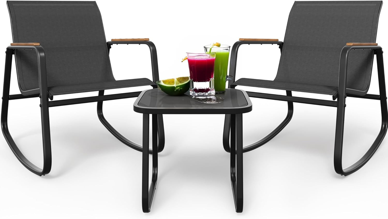 Patio Rocking Bistro Set, 3 Piece Durable Textilene Outdoor Furniture Set, Woode