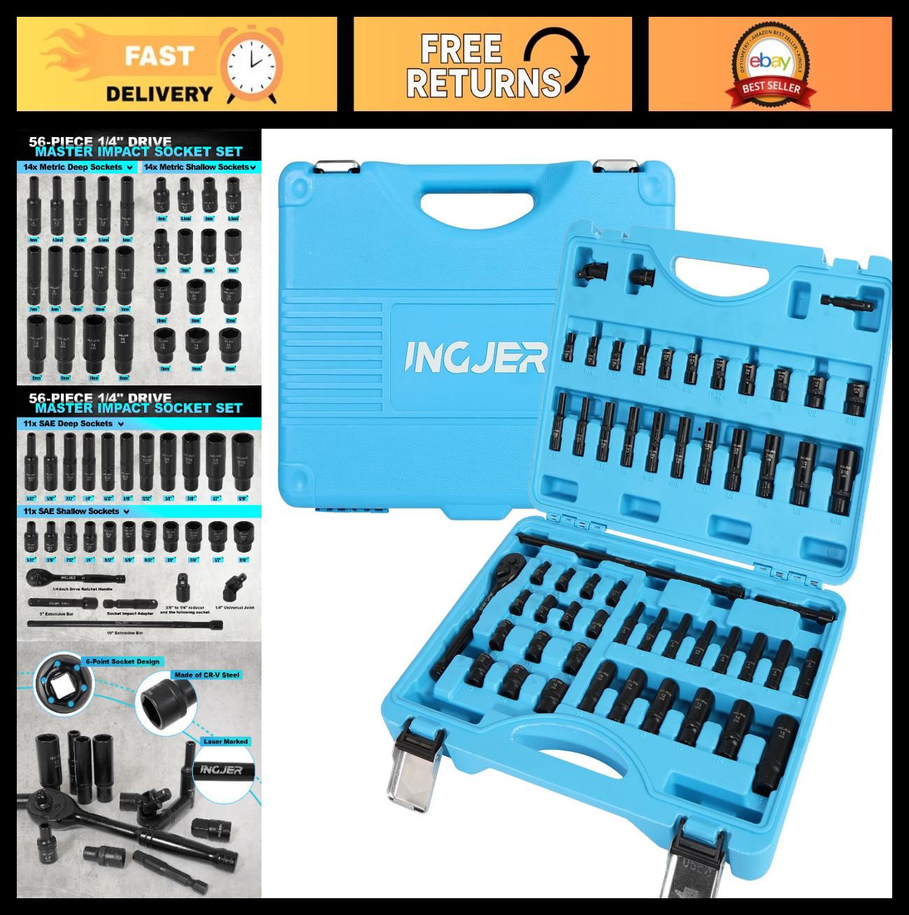 56-Piece 1/4" Drive Impact Socket Set - Metric & Standard, 6 Point, Cr-V, Ratche