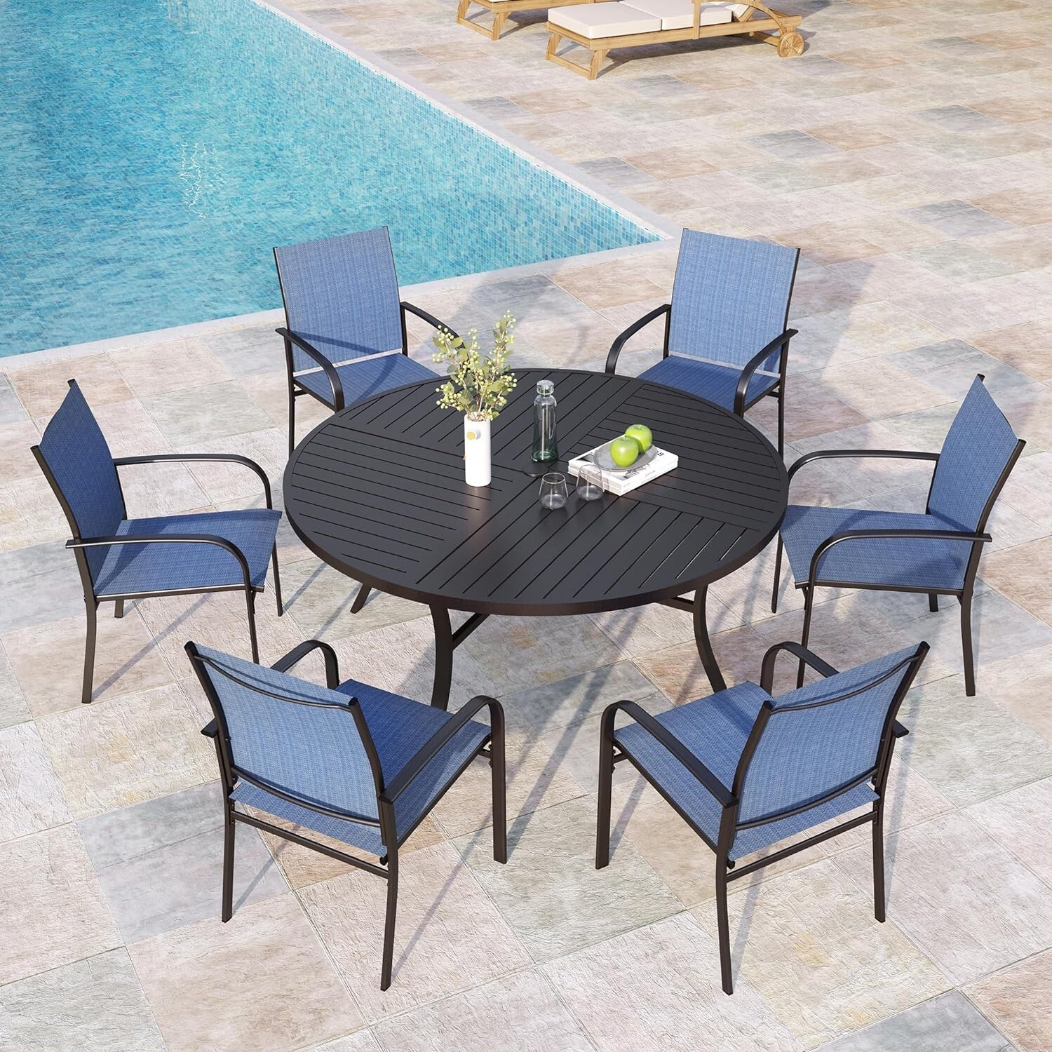 7Pcs Outdoor Furniture Set Patio Dining Set Chairs & Round Table w/Umbrelle Hole
