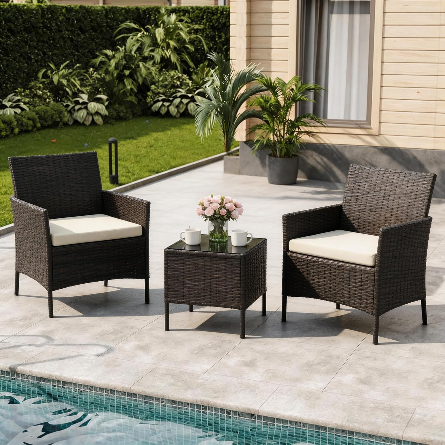 3-Piece Outdoor Furniture Set, PE Rattan Wicker Chairs with Soft Cushions & Temp