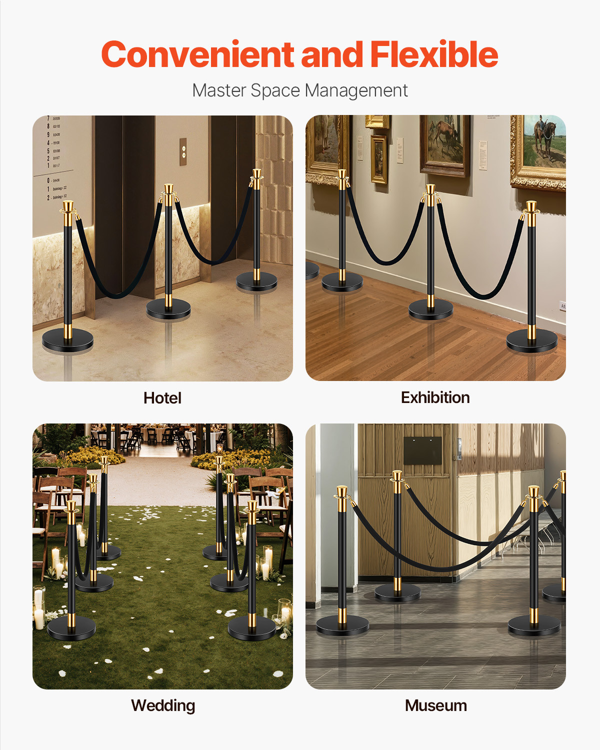6 Pcs Stanchion Post with 4 Black Velvet Ropes Sand Injection Hollow Base