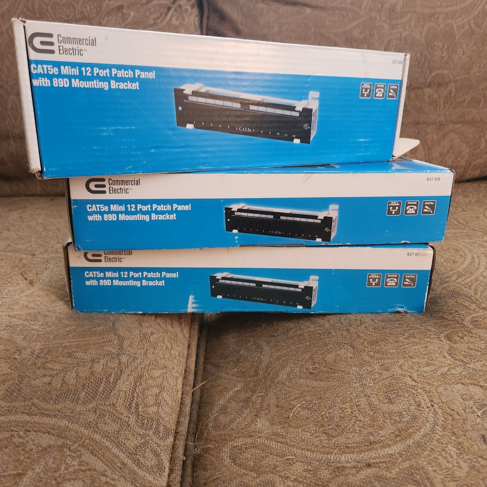 3 Commercial Electric CAT5e Mini 12-Port Patch Panels w/ 89D Mounting Brackets