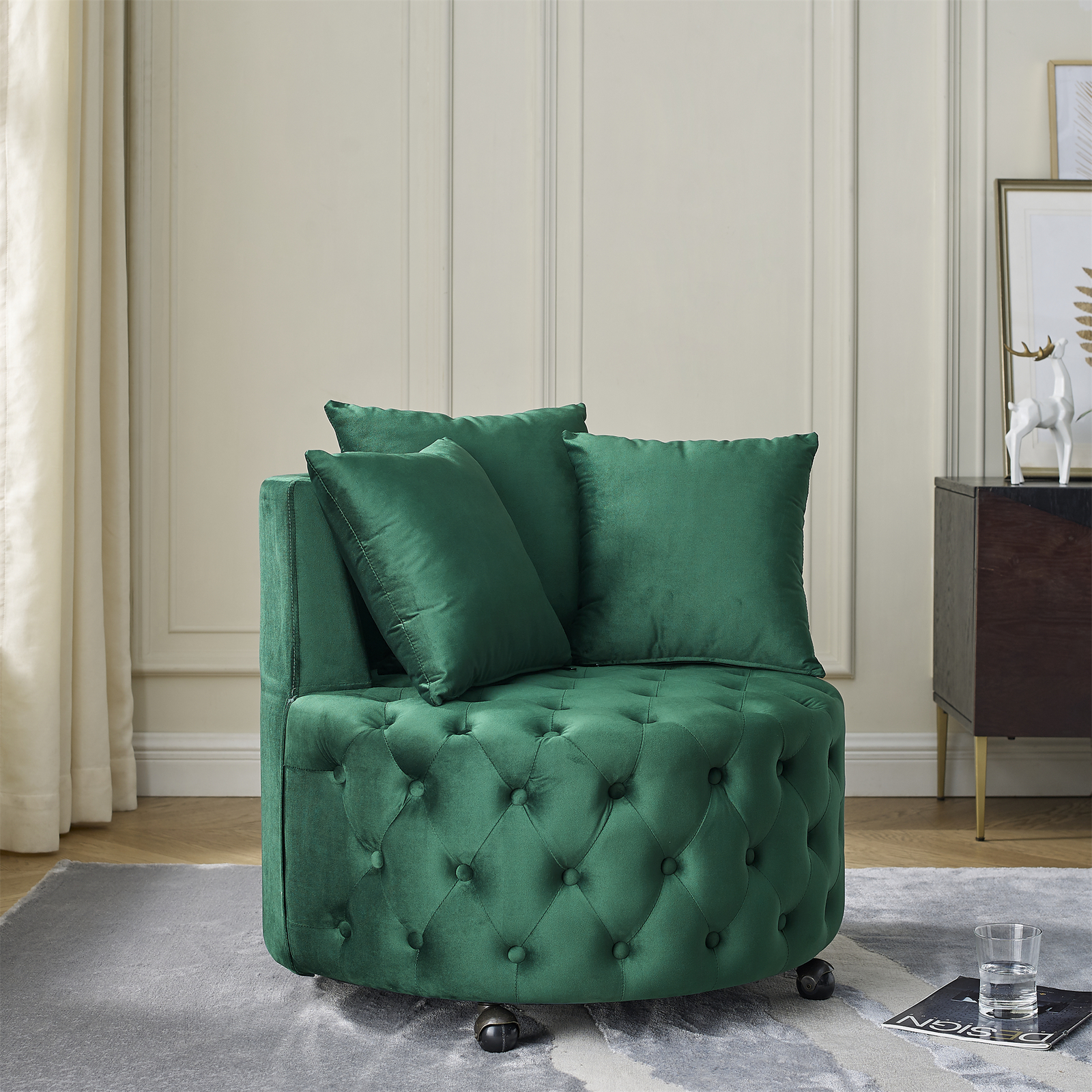 Velvet Upholstered Accent Chair Sofa Lounge Club Round Chair Living Room Green