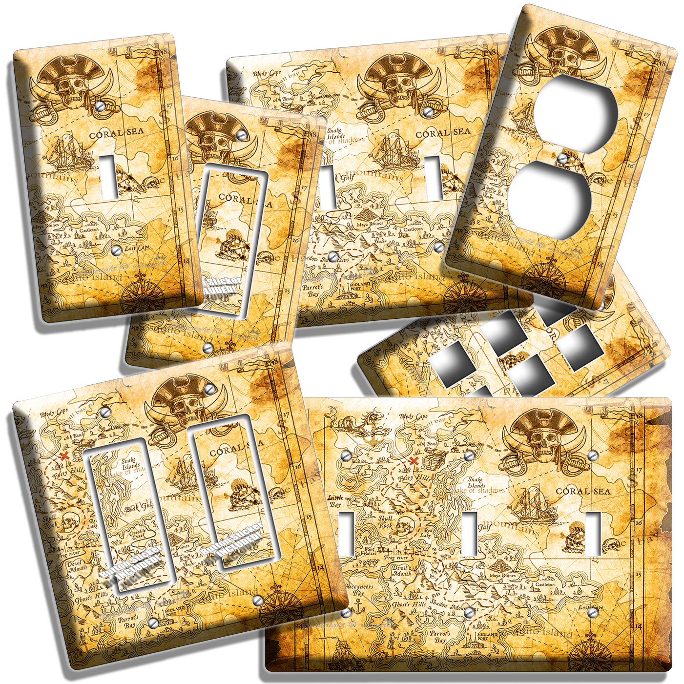 PIRATE SKULL TREASURE ISLAND MAP LIGHT SWITCH OUTLET WALL PLATE BOYS ROOM HD ART