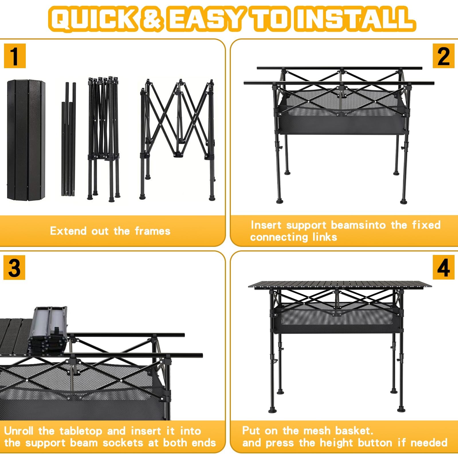 Height Adjustable Camping Table, Outdoor Folding 47" x 22" x 38", Black