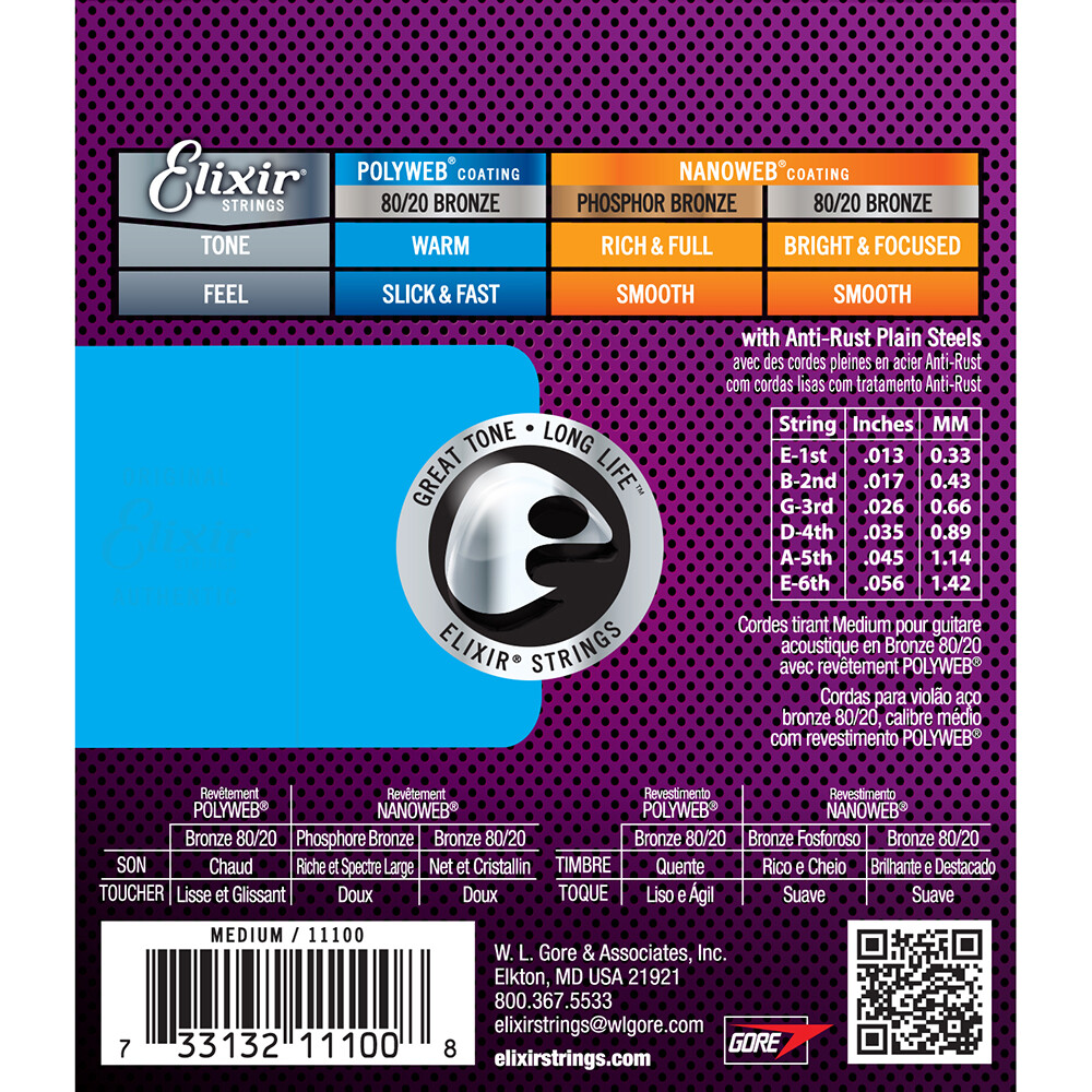 Elixir Polyweb 80/20 Bronze Medium Acoustic Guitar Strings 11100 1 Set Pack