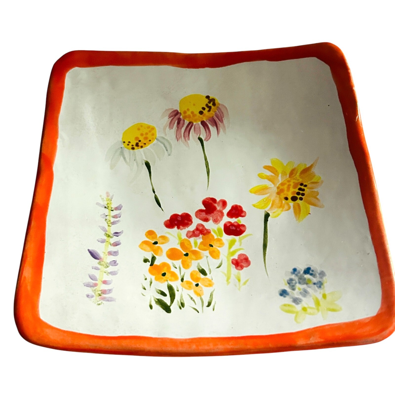 Art Pottery Floral Square Shallow Dish Raised Edge Orange Colorful Flowers 7"