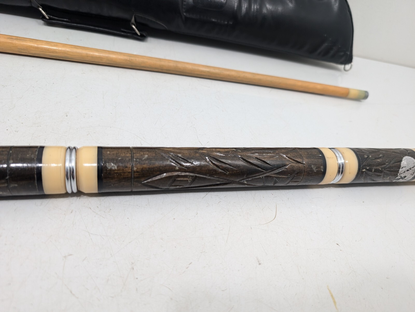 Vintage Pool Cue With Case - Tiki Bar Style Carved Wood Unique - Made In Hawaii