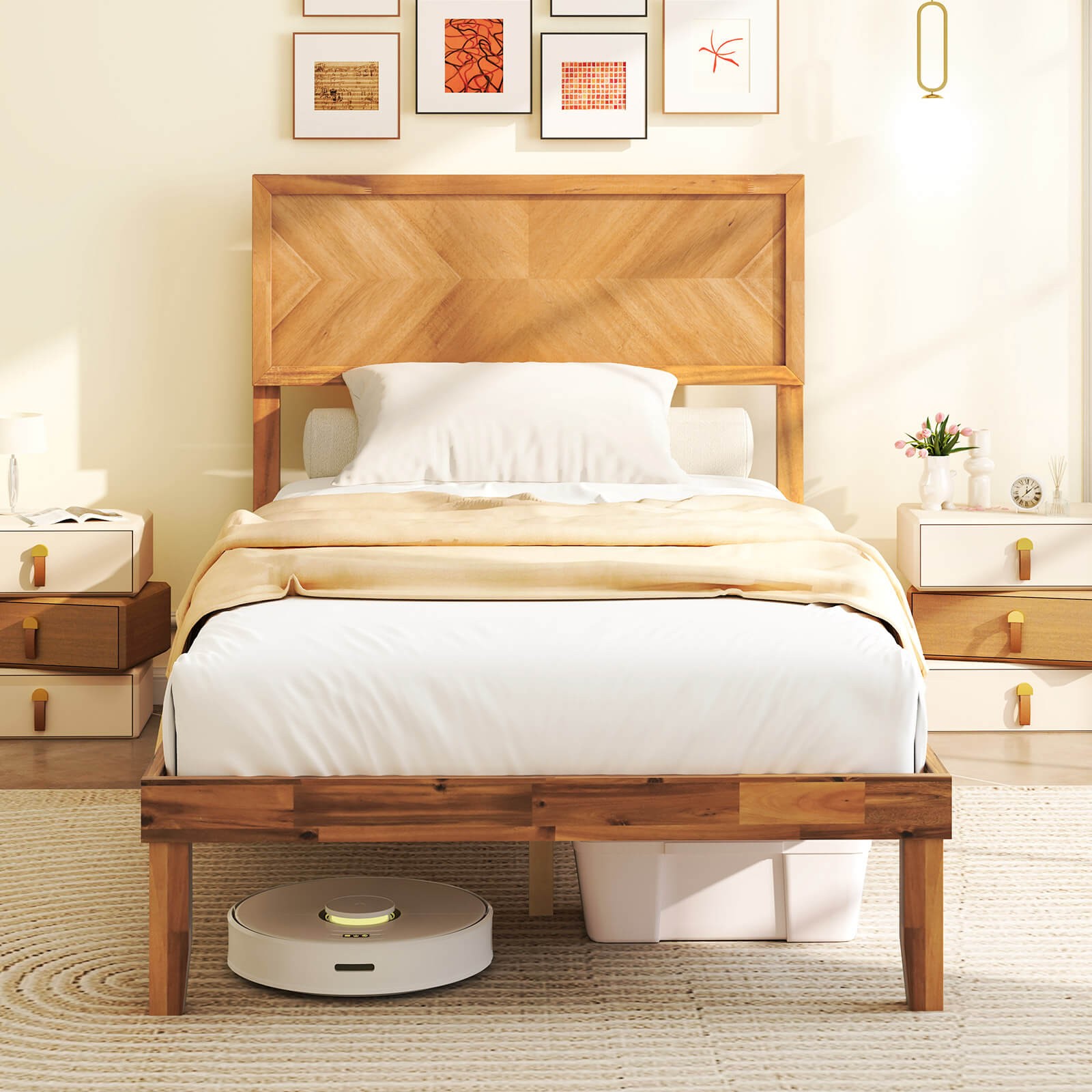 Twin Size Bed Frame w/Headboard Wooden Slats Support 9" Under-bed Storage Space