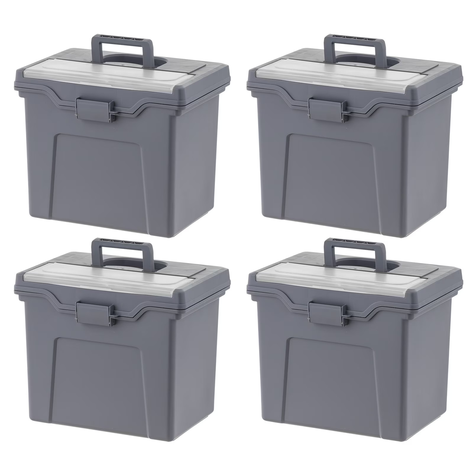 Portable Plastic File Box with Organizer Lid, Letter Size, Gray, 4 Pk