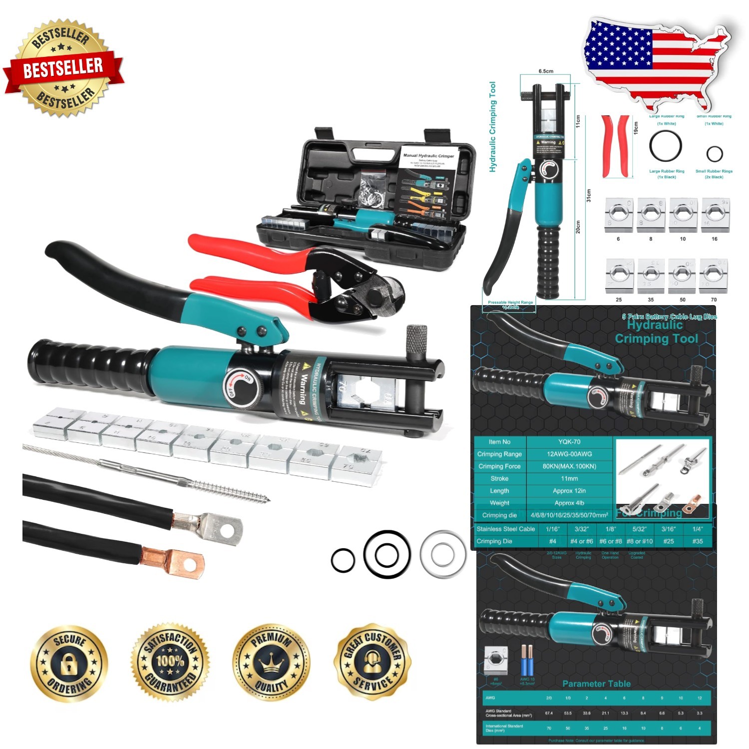 Heavy-Duty Hydraulic Crimper Tool, 10T, 9 Dies, Cable Cutter, Vinyl Grip