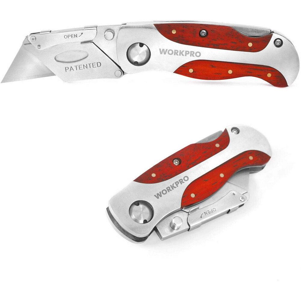 WORKPRO Folding Utility Knife Quick Change Blade Wood Grain Handle and Back Lock