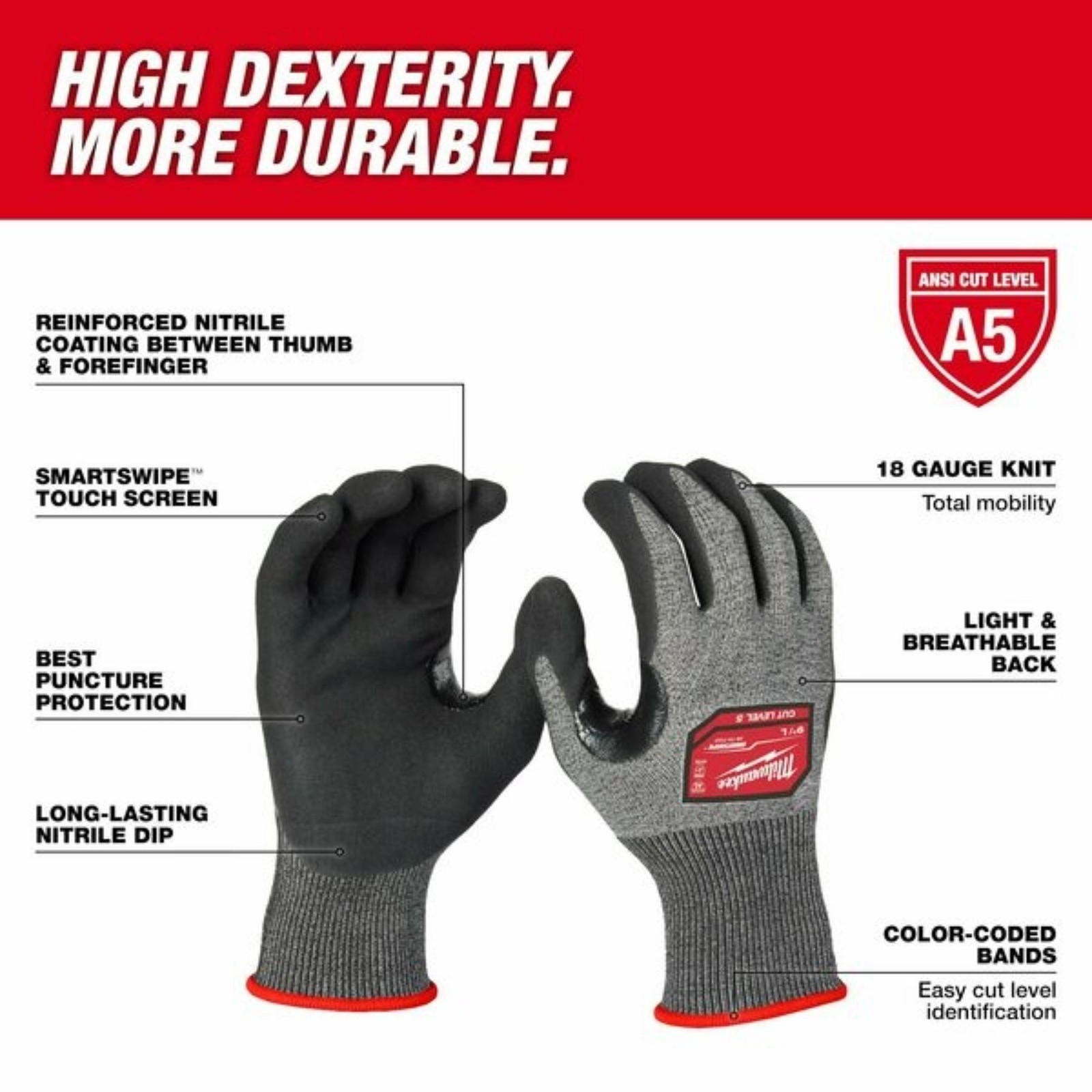 MILWAUKEE TOOL 48-73-7151E Cut-Resistant Dipped Gloves, Cut Level A5, Nitrile,