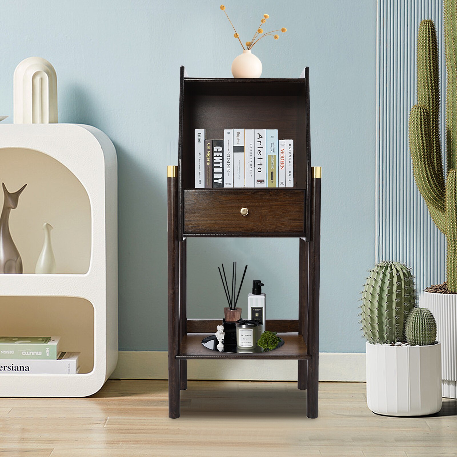 3-Tier Bookshelf Bamboo Display Rack Tall Book Case w/ Drawer Freestanding Shelf