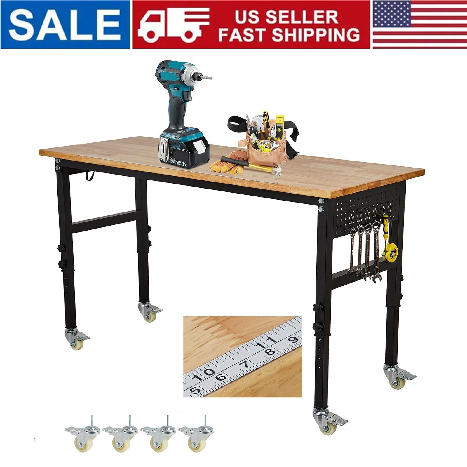 🍀48" x 24" Adjustable Workbench with Power Outlet & Scale, Portable Worktable