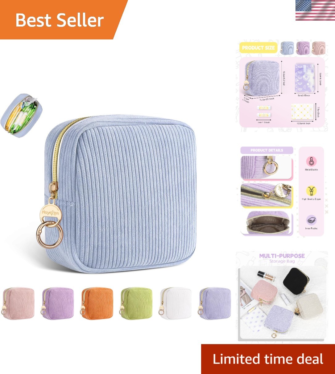 Period Bag for Teen Girls, Corduroy Sanitary Napkin Storage Bag, Menstrual Pa...