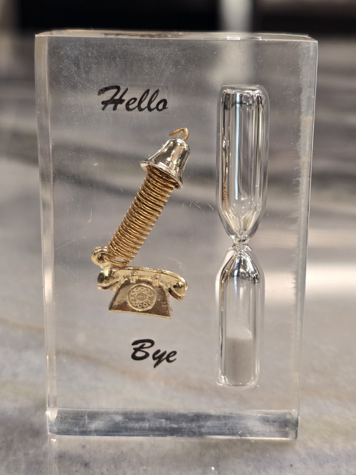 Vintage Acrylic Lucite 2 1/2 minute Timer paperweight Hello Bye Telephone decor