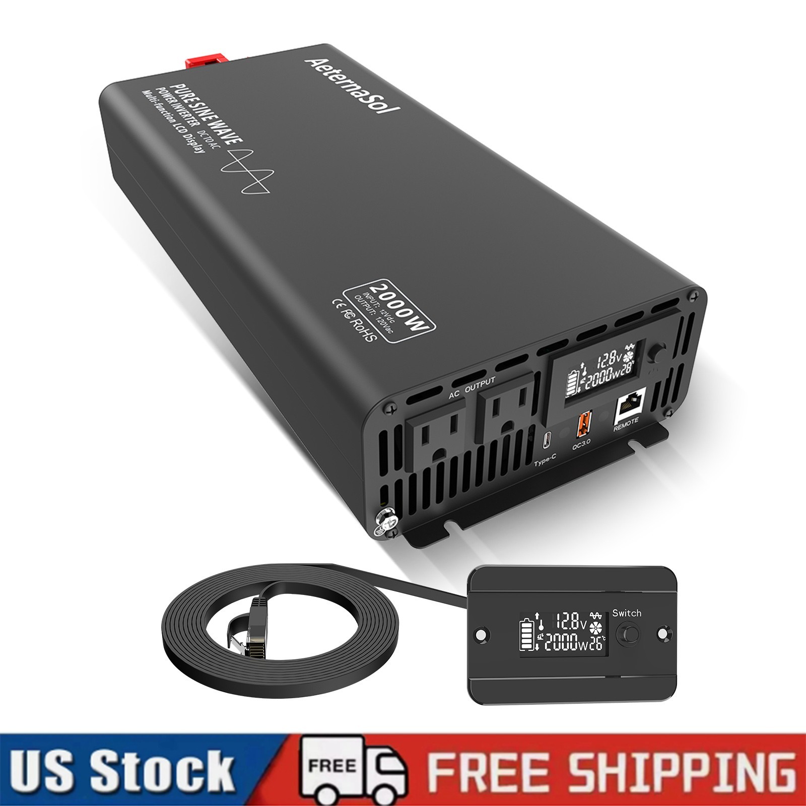 2000W 4000W Pure Sine Wave Inverter 12V DC to 120V AC Converter Power Inverter